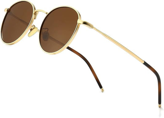 Filza Glasses Ponderable UV Protection Coating Round Sunglasses for Men and Women Classic Vintage Metal Sun Glasses, Gold Brown