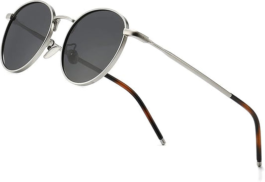 Filza Glasses Ponderable UV Protection Coating Round Sunglasses for Men and Women Classic Vintage Metal Sun Glasses, Silver Grey