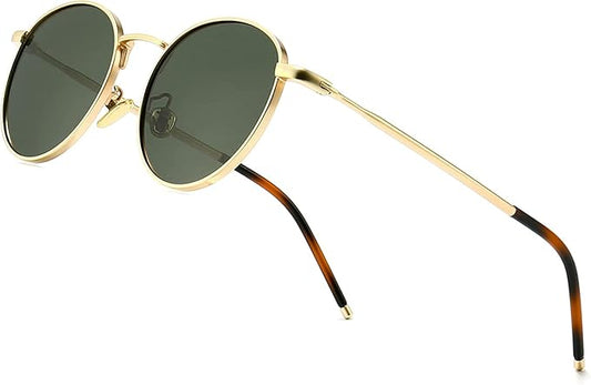 Filza Glasses  Ponderable UV Protection Coating Round Sunglasses for Men and Women Classic Vintage Metal Sun Glasses, Gold Green