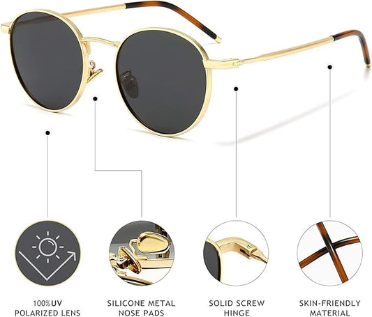 Filza Glasses  Ponderable UV Protection Coating Round Sunglasses for Men and Women Classic Vintage Metal Sun Glasses, Gold Black