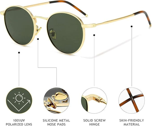 Filza Glasses  Ponderable UV Protection Coating Round Sunglasses for Men and Women Classic Vintage Metal Sun Glasses, Gold Green